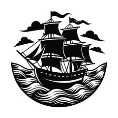 Black silhouette of a sailing ship on the waves with clouds