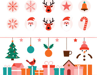 Christmas holiday illustration set, festive icons with Santa, reindeer, snowman, gifts, tree, decorations, ornaments, and celebration elements