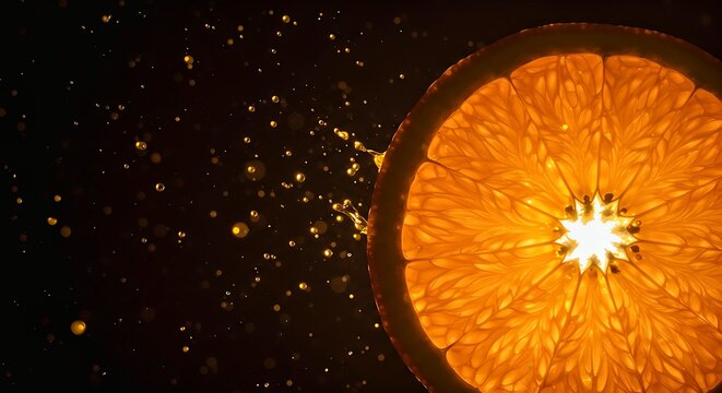 close-up of a backlit orange slice, glowing from within like a sun with juice droplets exploding outwards.