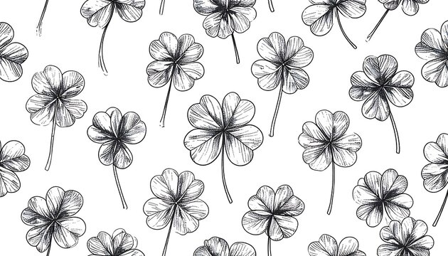 A repeating pattern of detailed hand-drawn four-leaf clovers against a white background.
