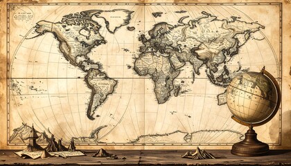 Obraz premium An antique world map with a vintage globe, detailed and aged, creating a historical and nostalgic atmosphere.