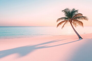 Obraz premium Tropical beach with pink sand, turquoise water and leaning palm tree casting a long shadow at sunset, creating a serene and idyllic scene