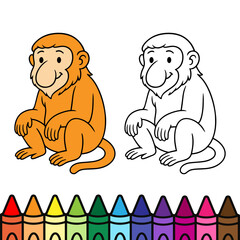 Cute cartoon Proboscis monkey coloring page with one outline and one colored version. Perfect educational and fun activity for kids to learn about unique wildlife while coloring. © Crazy Monday Studio