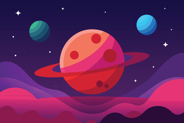 Fototapeta premium A vibrant cartoon illustration showcases a ringed planet amidst a colorful cosmic landscape, complete with stars and other celestial bodies