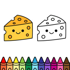 Cute cartoon cheese slice coloring page with a smiling face. Includes both colored and outline versions, perfect for kids to enjoy coloring while learning about food. Fun and easy activity.