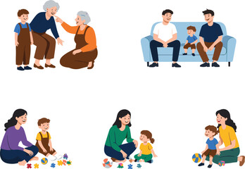 Happy family spending quality time together, grandparents playing with kids, parents bonding with children at home