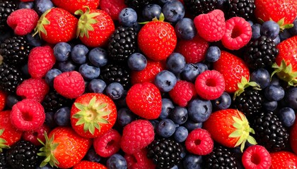 Obraz premium A vibrant display of various berries, featuring a close-up view of strawberries, raspberries, blueberries, and blackberries, showcasing a colorful and healthy assortment of fruits.