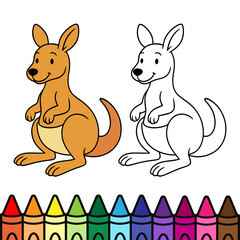 Cute kangaroo cartoon coloring page with two versions: one colored and one outlined for kids. Fun educational illustration with crayons, perfect for animal learning and coloring activities.