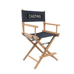 A wooden casting director chair with a black canvas seat and backrest, labeled 'CASTING'. The chair is positioned against a plain black background.