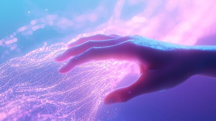 Futuristic human hand touching glowing digital particles, abstract neon background with light waves and bokeh, concept of virtual reality, technology, energy flow and human connection with AI