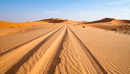 A vista of a sandy desert landscape showcases two distinct tire tracks leading through rolling dunes under a clear, light-blue sky.