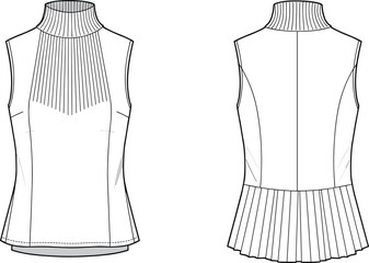 Sleeveless Mock Neck Blouse with Pin Tucks and Pleated Hem, Modern and Elegant Women's Fashion Apparel