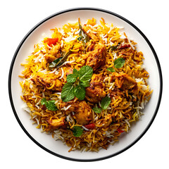 Biryani served on a plate viewed from above, featuring colorful rice, meat, and spices, professional food photo showcasing vibrant food elements, top view angle composition. See Less
