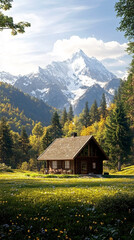 Fototapeta premium Wooden cabin with terrace stands on green meadow full of wildflowers, surrounded by pine forest and majestic snow covered mountain