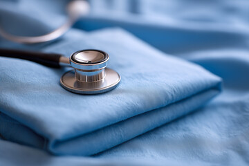 High-quality stethoscope resting on a folded blue fabric in a healthcare setting with soft lighting