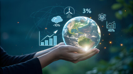 Hands Holding 3D Holographic Earth with Floating Renewable Energy Charts Highlighting Global Environmental Progress