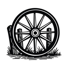 Vintage wagon wheel with wooden fence and grass © shah