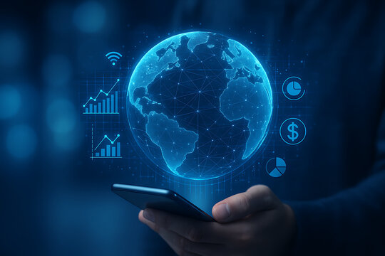 Global financial and business data analysis with a person holding a smartphone, with a glowing globe and various charts, graphs, and currency symbols floating above the screen