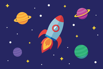 A rocket soars through space amidst planets and stars, symbolizing the thrill of space exploration and scientific discovery