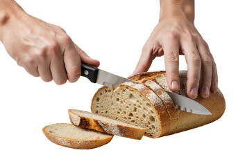 Human hands using a serrated knife to carefully slice a fresh loaf of artisanal bread on a transparent background