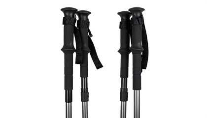 Four trekking poles, black handles and gray shafts, displayed against a plain white background.
