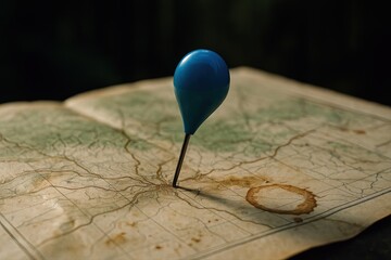 Blue pin is stuck into a map. The map is old and has a coffee stain on it