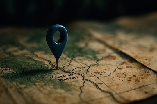 Blue pin is on a map of Sugar Mountain. The map is old and has a vintage look