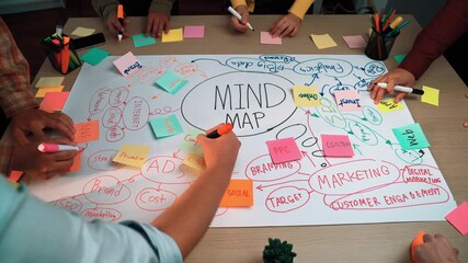 A vibrant workspace showcases a mind map created with colorful sticky notes and diverse hands brainstorming marketing strategies and ideas for effective communication. SACTR