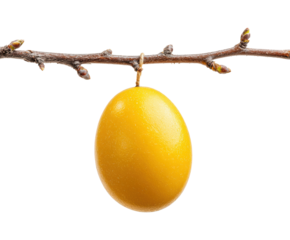 Bright yellow egg hanging from a branch during spring season on a transparent background, cut out