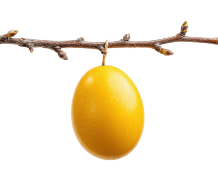 Bright yellow egg hanging from a branch during spring season on a transparent background, cut out