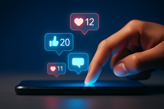 A hand touches a smartphone screen displaying glowing, holographic icons of a like, heart, and comment with corresponding numbers, representing social media engagement and interaction