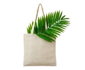 Eco friendly tote bag with green tropical leaf for sustainable living on a transparent background, cut out