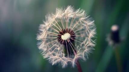 Fototapeta premium Serene dandelion seed head, delicate detail, soft focus, muted green tones, nature's ephemeral beauty.
