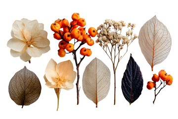 Autumn composition. Dried leaves, flowers, rowan berries on white background. Autumn, fall, thanksgiving day concept. Flat lay, top view, copy space
