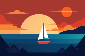 Naklejka premium A sailboat glides across the tranquil sea at sunset, with the sun casting a warm glow over the water and the sky filled with soft, colorful clouds
