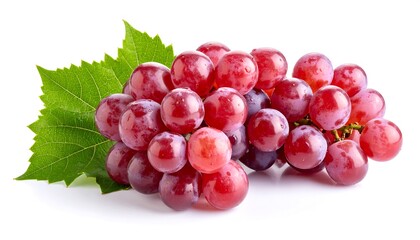Fototapeta premium Fresh Bunch of Ripe Red Grapes with Green Leaves on White Background.