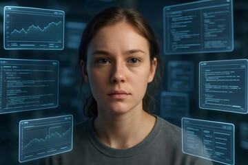 Young female programmer analyzing code and graphs displayed on a futuristic transparent screen