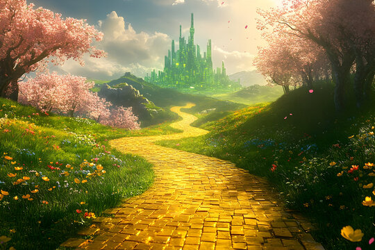 Enchanted golden brick path leading to emerald city through lush green landscape