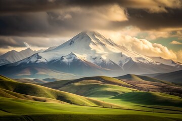 Majestic Snow Capped Mountain Peaks Over Rolling Green Hills Under Dramatic Cloudy Sky