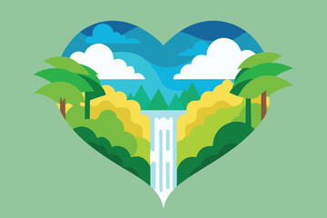  a heartshaped landscape featuring a majestic waterfall cascading down lush green mountains, framed by palm trees and fluffy clouds in a serene sky