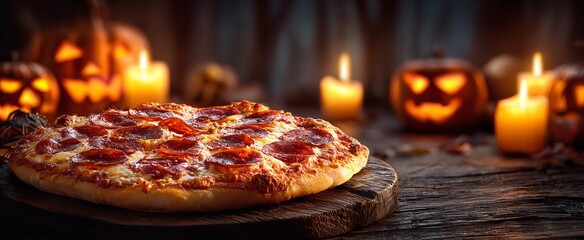 Halloween-themed pizza with pumpkin-shaped face on a wooden board, surrounded by glowing jack-o’-lanterns and candles, perfect for spooky, autumn, and holiday concepts
