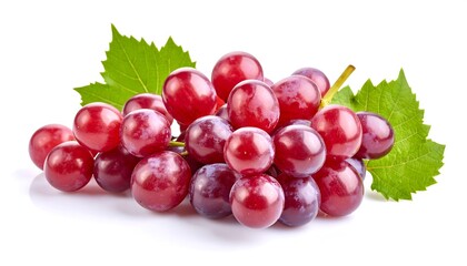 Fototapeta premium Fresh Bunch of Ripe Red Grapes with Green Leaves on White Background.