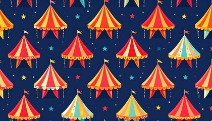 A captivating repeating pattern showcasing numerous colorful circus tents against a deep blue night sky, adorned with stars and sprinkles of light.