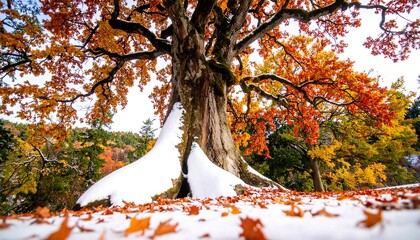 A majestic tree with vibrant autumn foliage, partially covered in snow, stands in a park setting.