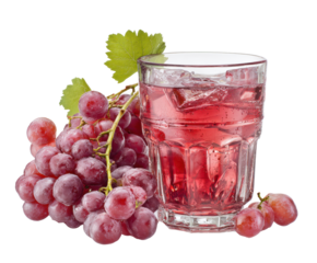 Refreshing grape drink with fresh grapes and ice cubes on a transparent background, cut out