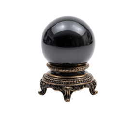 Mystical black crystal ball with ornate stand for divination on a transparent background, cut out