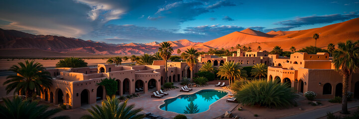 Fototapeta premium rocky desert oasis with trees and resort hotel in the evening under a bright partly cloudy sky