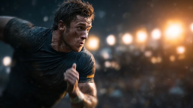 An athletic man sprints intensely during a night race under stadium lights, showing determination and effort