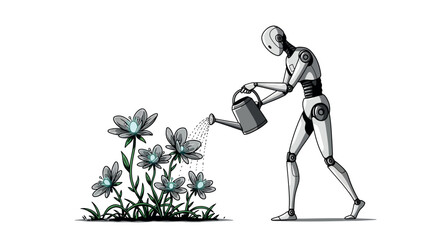 Humanoid robot watering flowers depicting technology and nature interaction