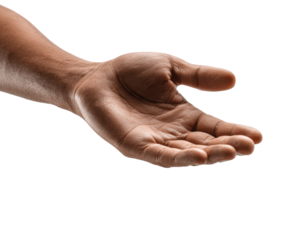 Open hand gesture for communication and connection in interaction on a transparent background, cut out